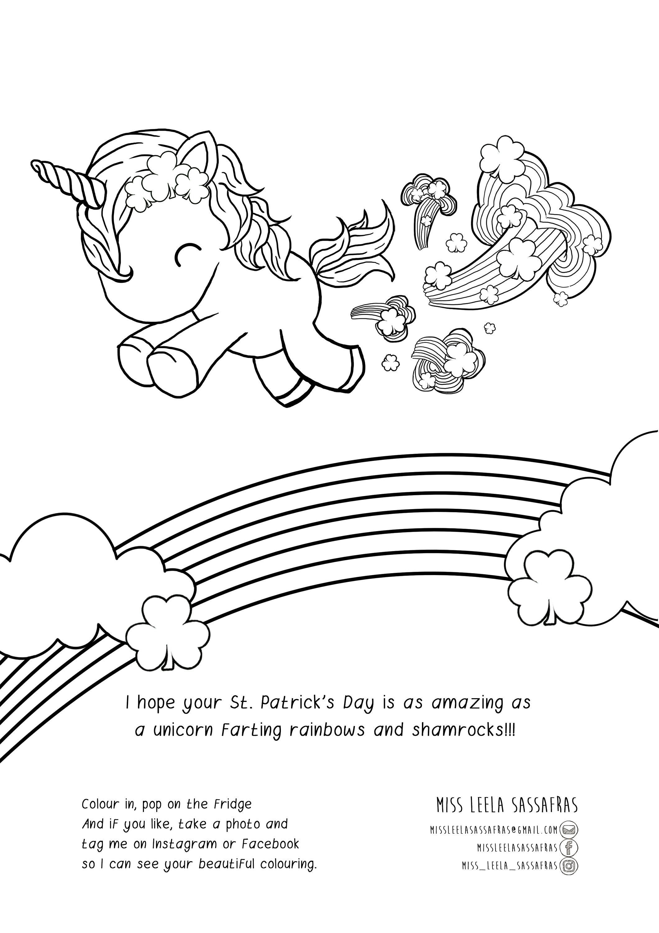 St patricks day unicorn colouring page