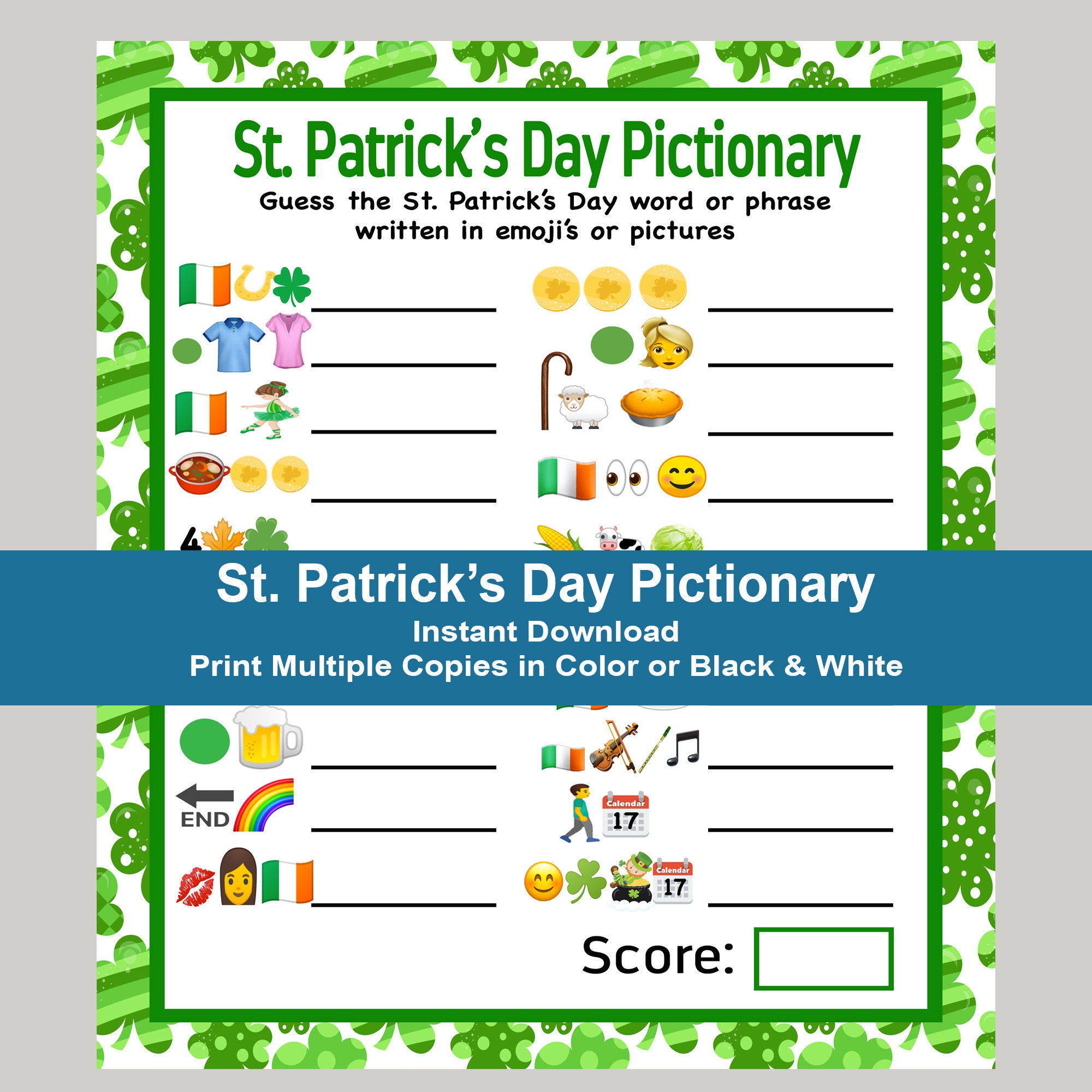 St patricks day game st patricks day emoji pictionary st patricks day party game emoji game st patricks party games instant download