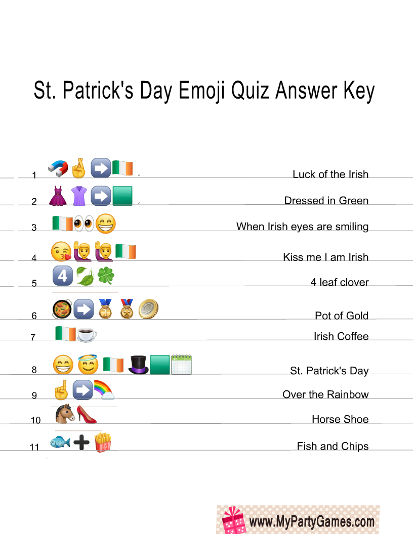 Free printable st patricks day emoji quiz with answer key