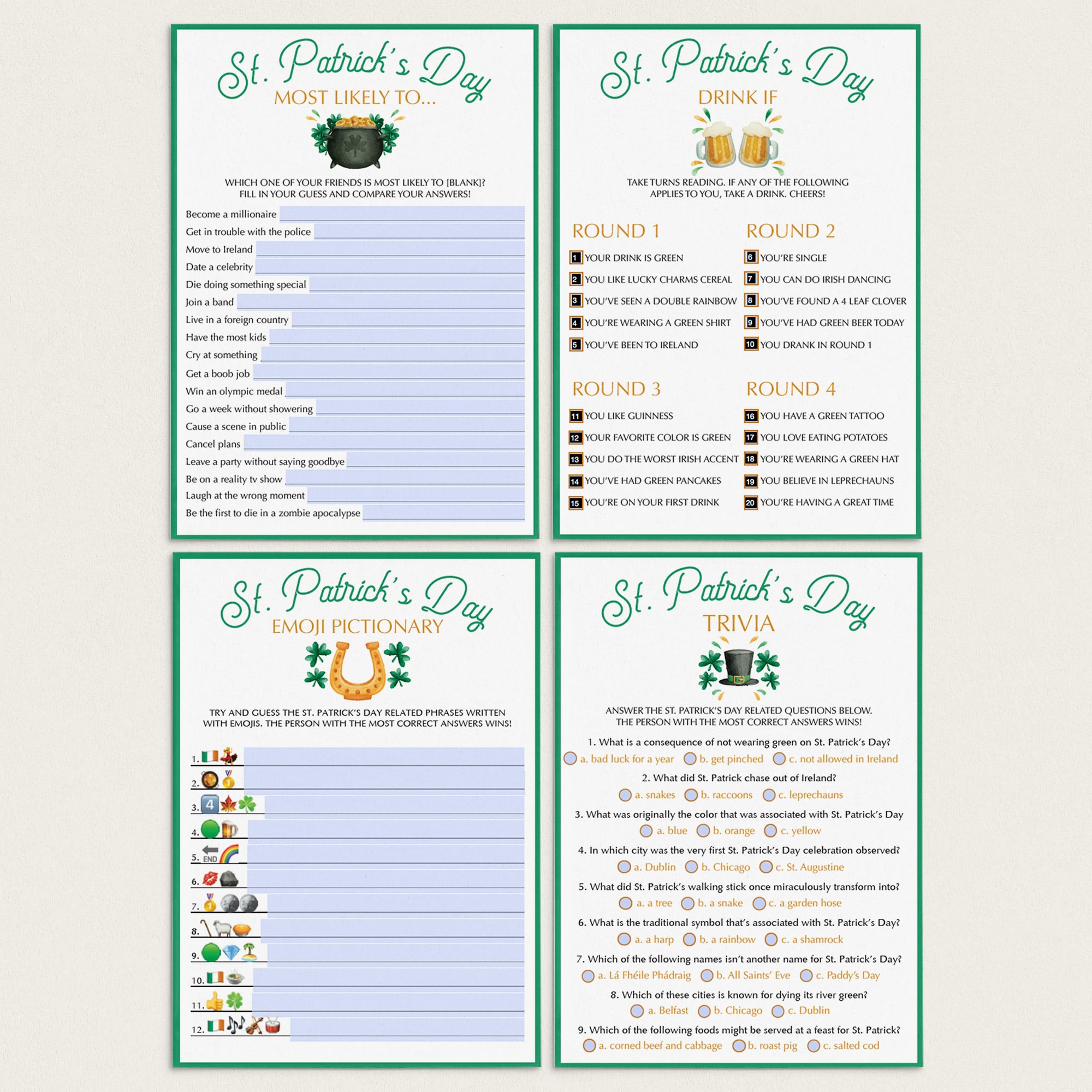 St patricks day games for adults printable virtual instant download â