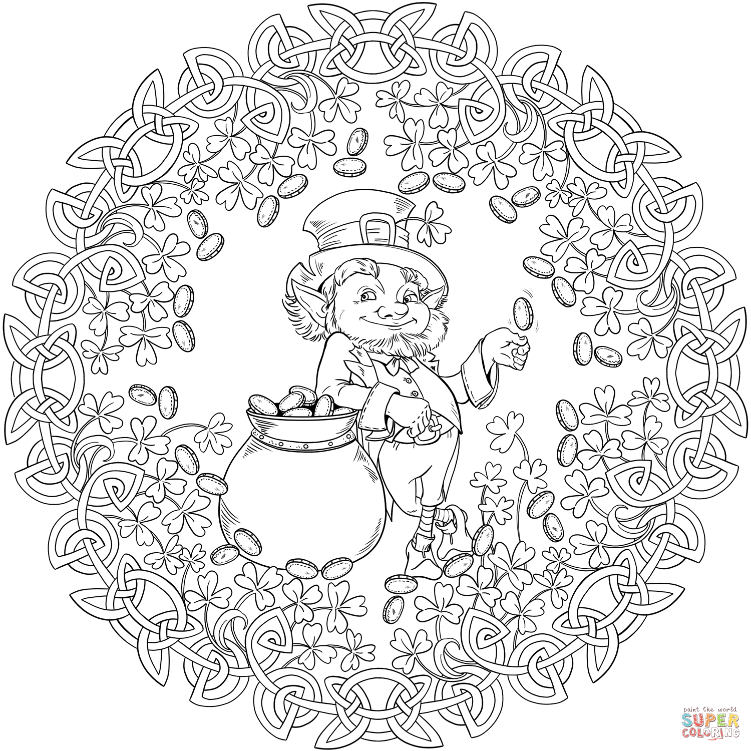 St patricks day mandala with celrtic knot shamrock leprechaun and pot of gold coloring page free printable coloring pages