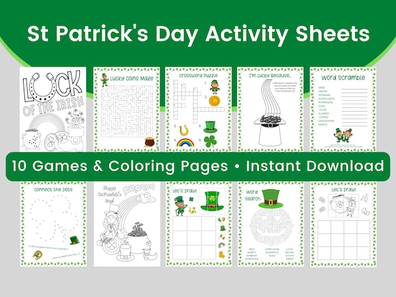 St patricks day activity sheets for kids leprechaun maze word search coloring pages printable games for kids st patricks day party