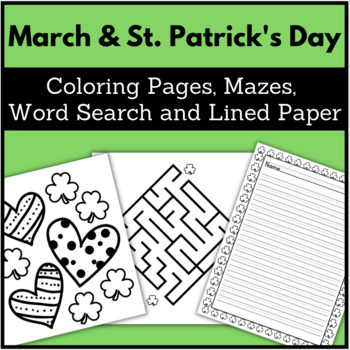 March st patricks day coloring pages mazes word search lined paper