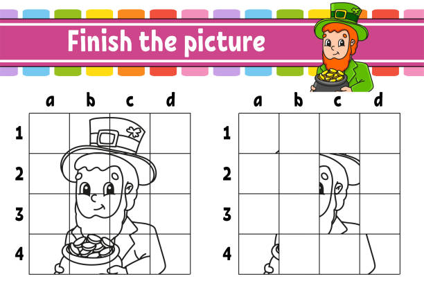 Finish the picture coloring book pages for kids education developing worksheet leprechaun with a pot of gold handwriting practice cartoon character vector illustration stock illustration