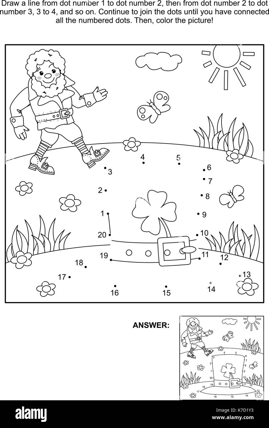 Where is my hat st patricks day themed connect the dots picture puzzle and coloring page with leprechaun and his hat answer included stock vector image art