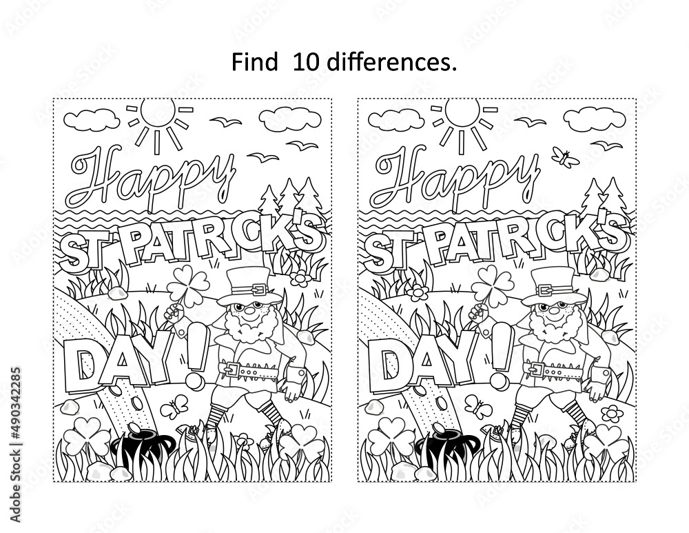 Happy st patricks day holiday greeting find the differences picture puzzle and coloring page vector