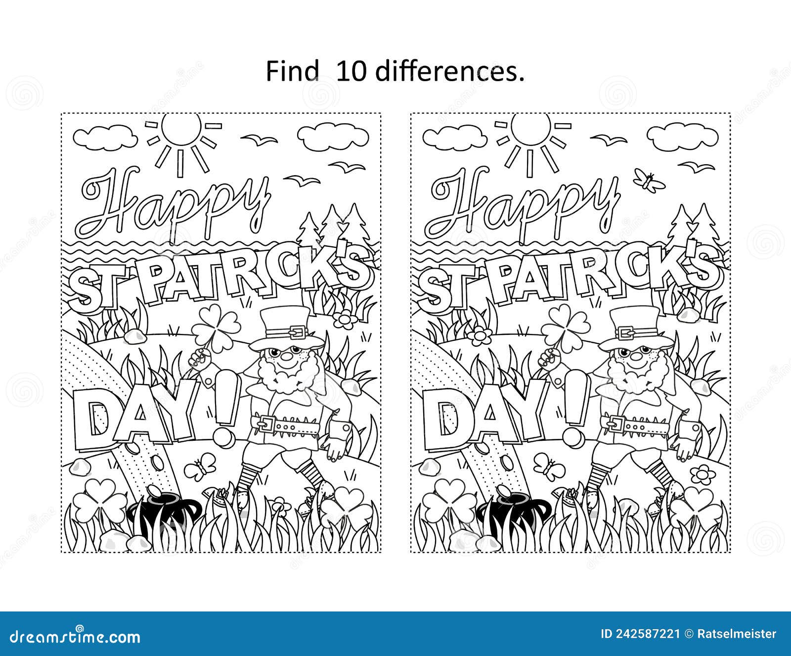 Happy st patricks day holiday greeting find the differences picture puzzle and coloring page stock vector