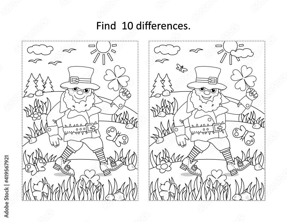 St patricks day find differences visual puzzle and coloring page with happy leprechaun found lucky quatrefoil vector