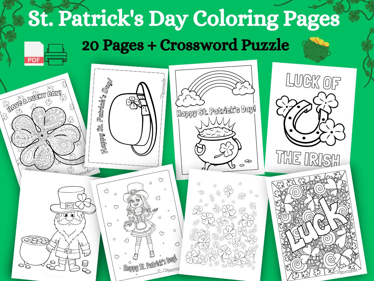 St patricks day coloring pages instant download shamrocks pot of gold and more st paddys kids activity