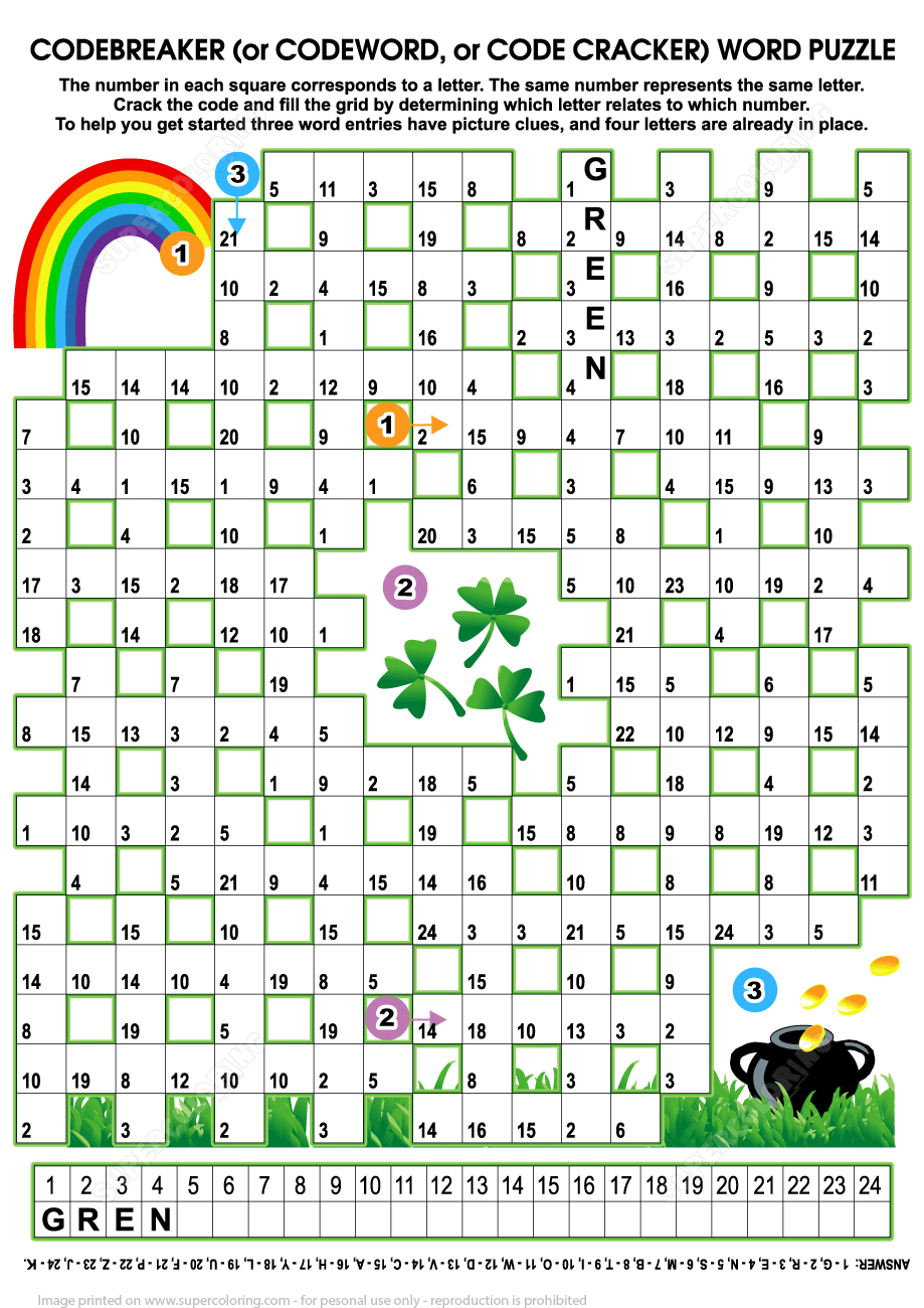 St patricks day codebreaker word puzzle free printable puzzle games