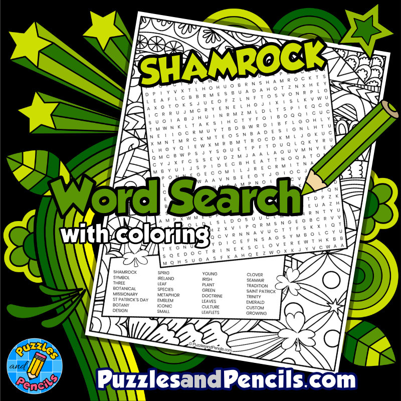 Shamrock word search puzzle with coloring st patricks day wordsearch made by teachers