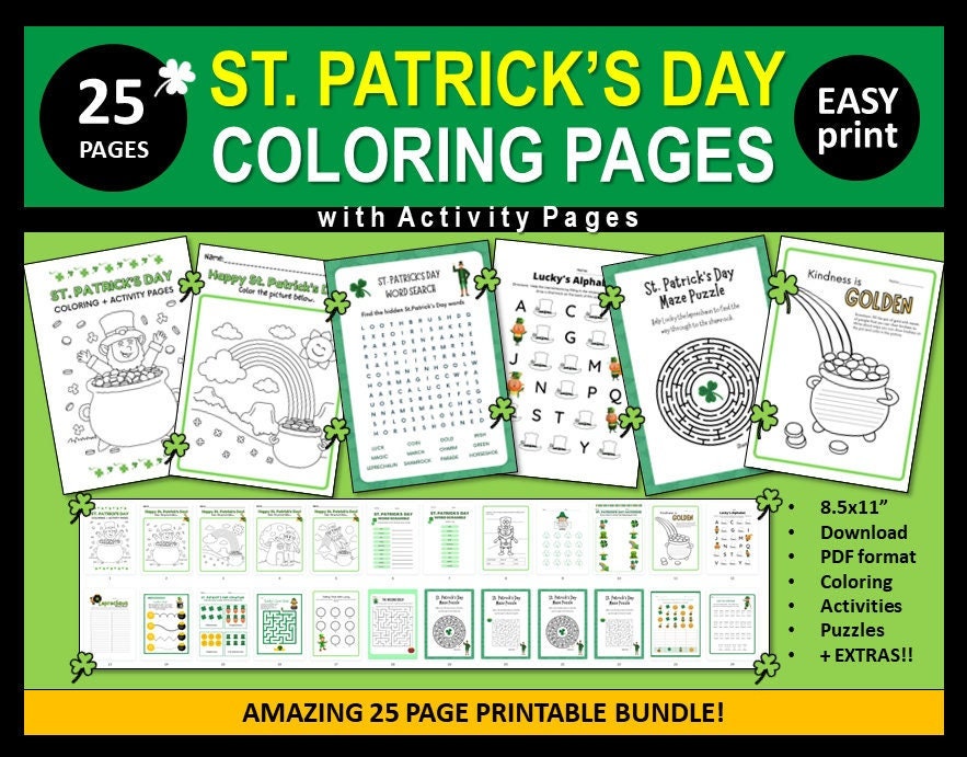 Printable st patricks day coloring pages kids activity pages shamrock ireland irish green puzzles mazes teachers homeschool