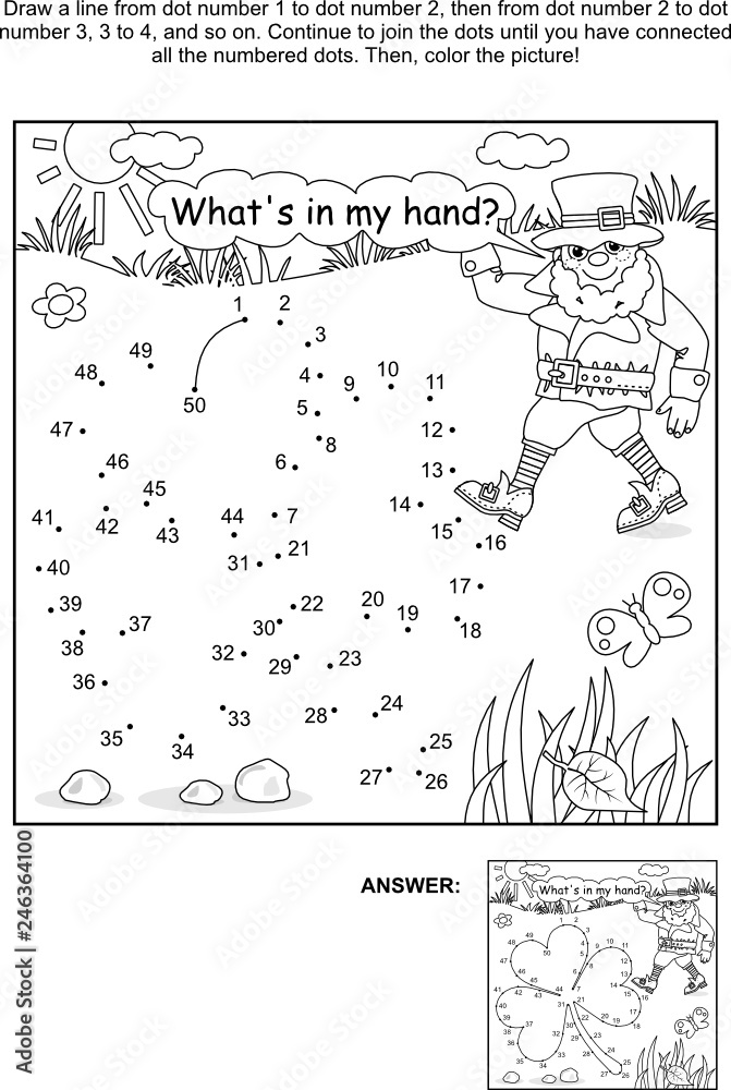 St patricks day themed connect the dots picture puzzle and coloring page with clover leaf and leprechaun answer included vector