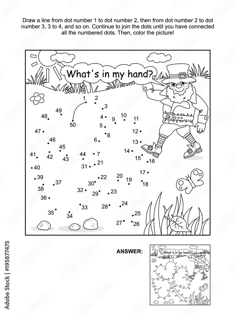 St patricks day themed connect the dots picture puzzle and coloring page with clover leaf and leprechaun whats in my hand answer included vector