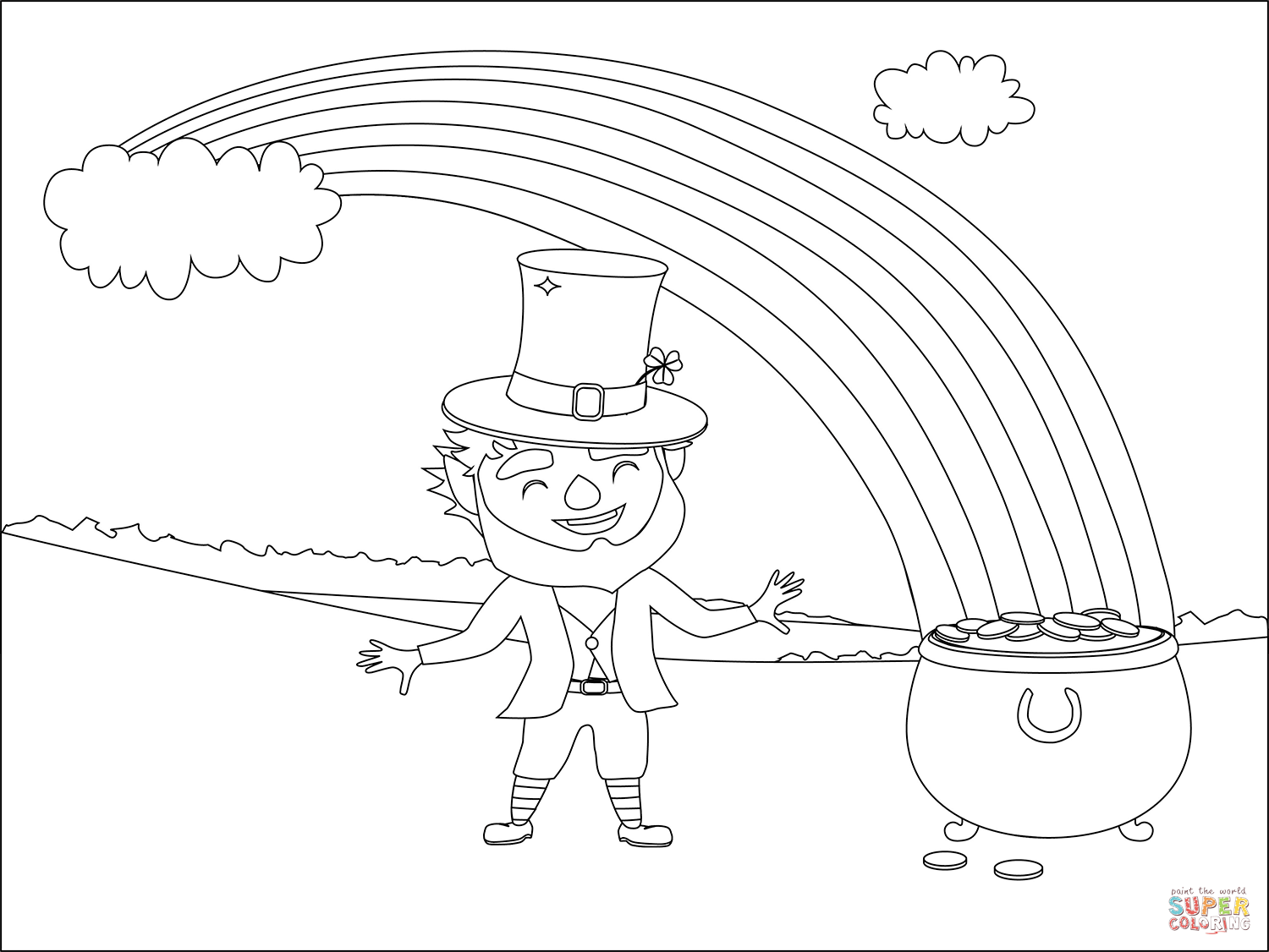 Leprechaun and pot of gold saint patricks coloring page free printable coloring pages