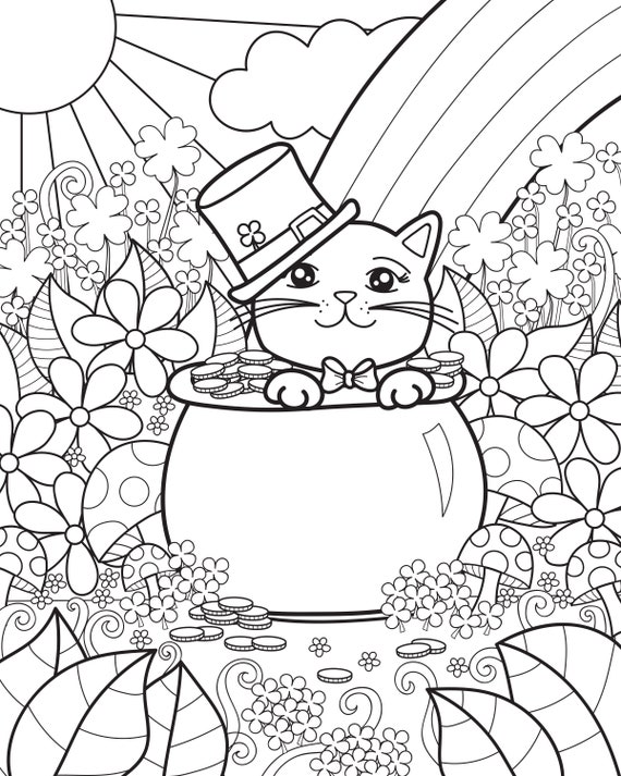 Instant download coloring page st patricks day kitty cat inspired doodle art printable instant download