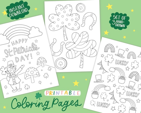 St patricks day coloring pages printable instant download set of activity worksheet craft st pattys leprechaun