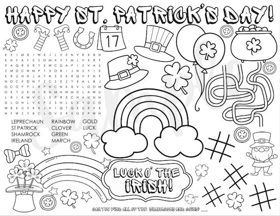 Instant download saint patricks day printable coloring page st patricks day activity sheet placemat st pats party favor