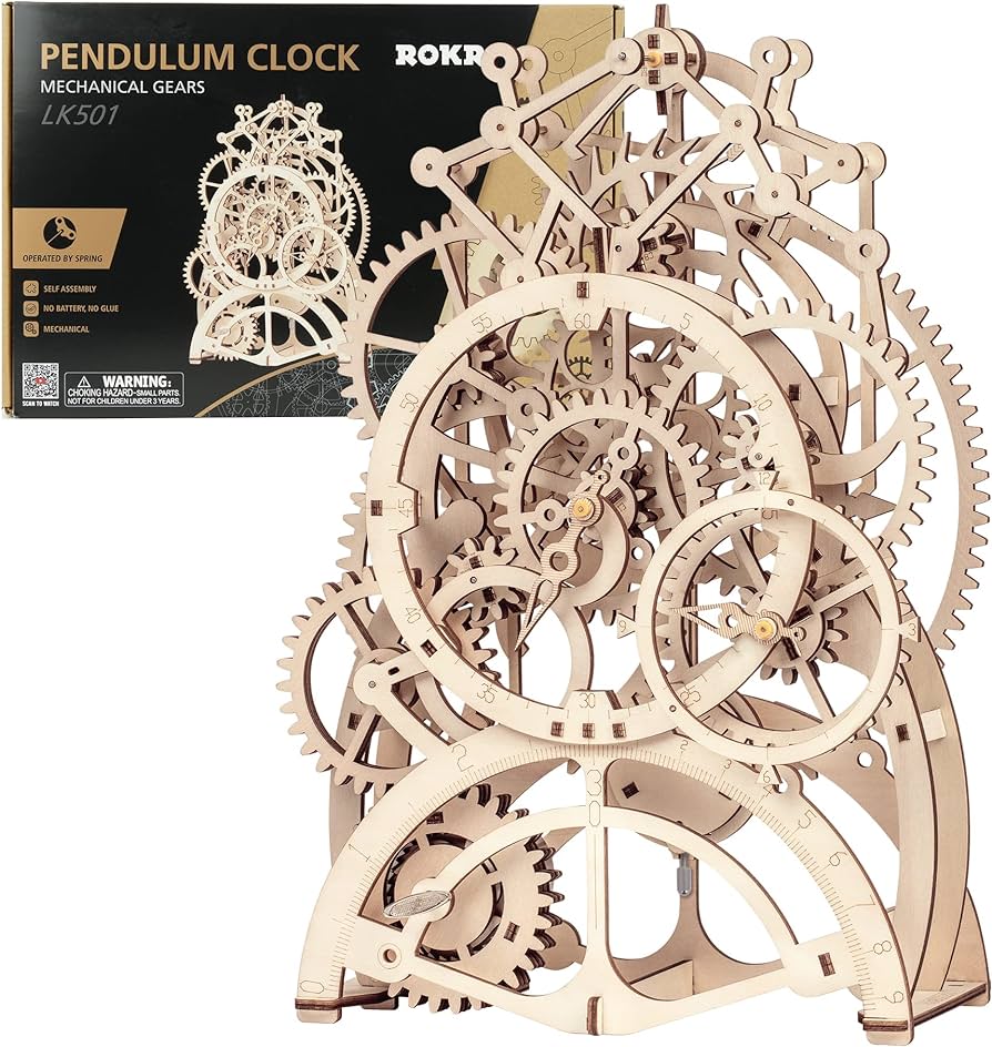 Rokr d wooden mechanil pendulum clock puzzlemechanil gears toy building setfamily wooden craft kit supplies