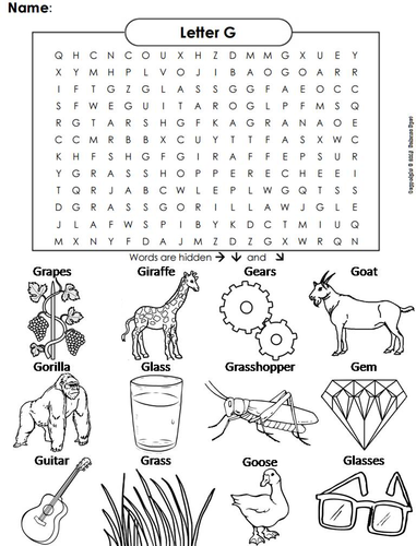 The letter g word search teaching resources