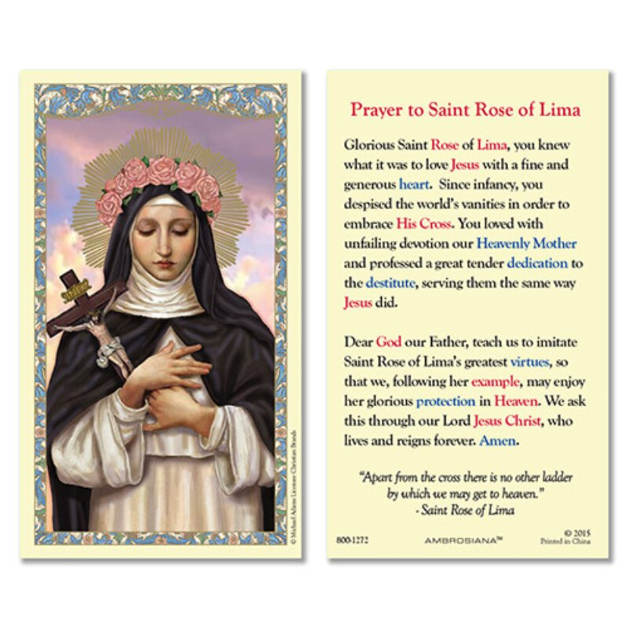 St rose of lima laminated holy card