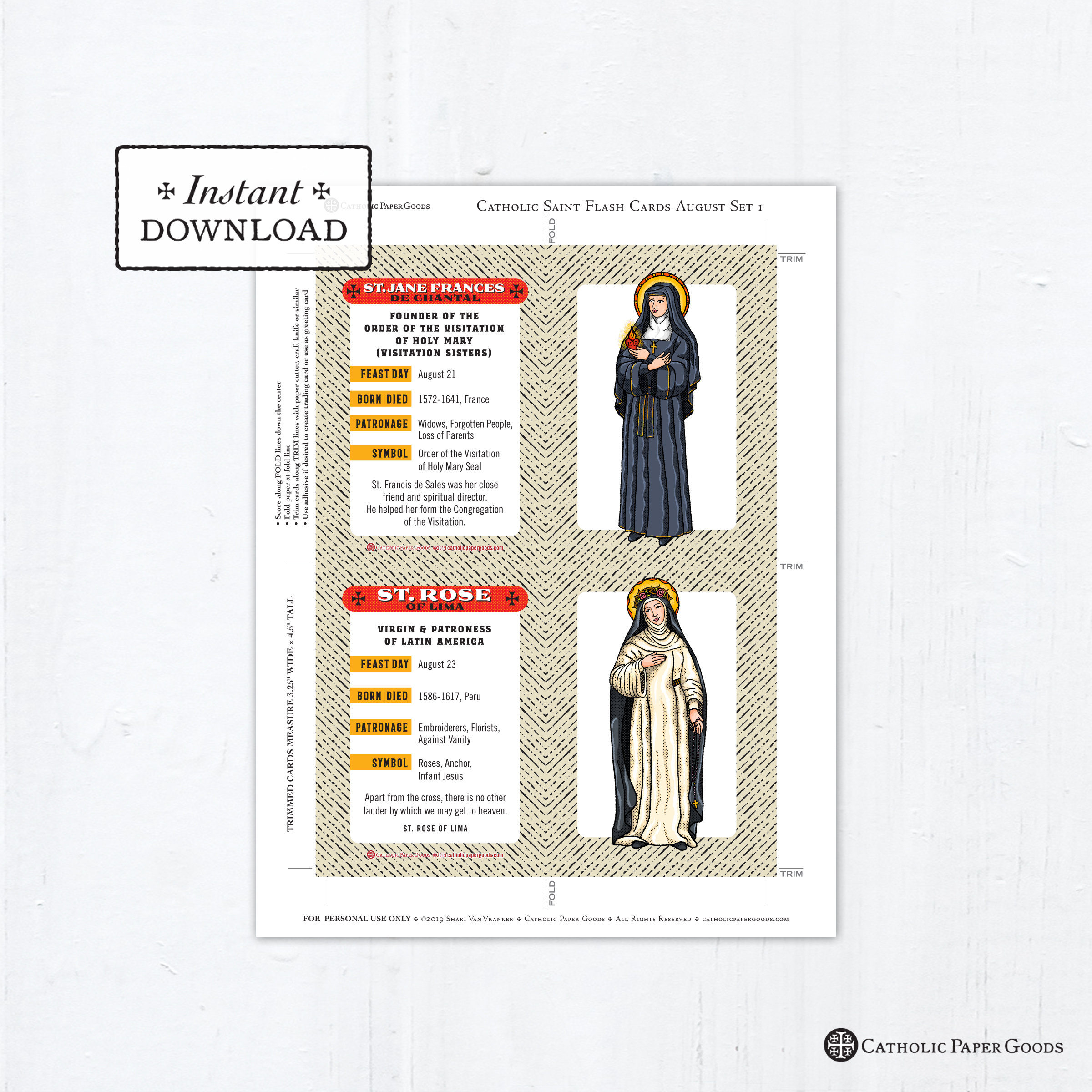 Catholic saint flash cards august set