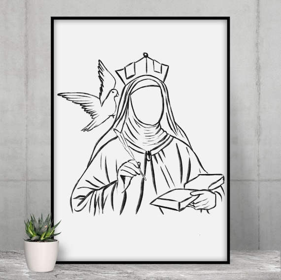 St teresa of avila chalk line drawing print catholic art hand drawn digital download simple black white printable outline instant download