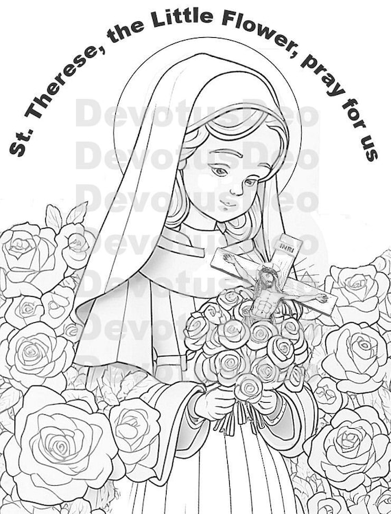 Catholic coloring page saint therese of lisieux little flower christian instant download printable instant download