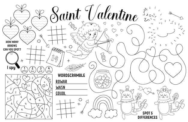 Premium vector ector saint valentine placemat for kids love holiday printable activity mat with maze tic tac toe charts connect the dots find difference black and white play mat or coloring