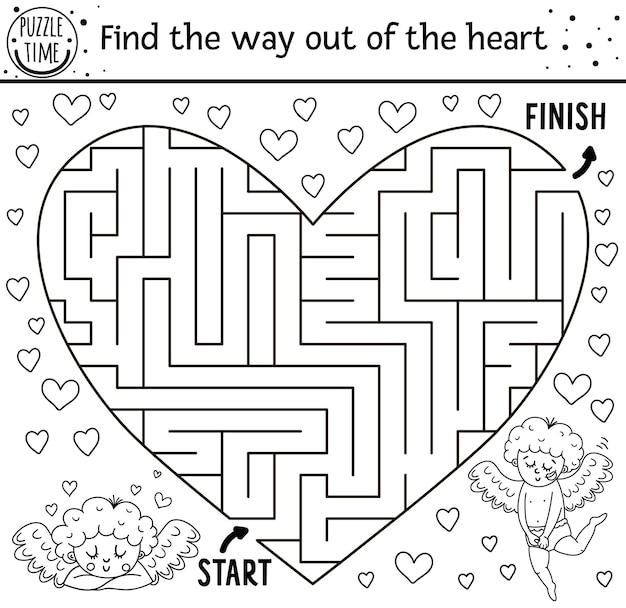 Premium vector saint valentine day black and white maze for children in heart shape holiday preschool printable educational activity funny game or coloring page with cute cupid romantic puzzle with love