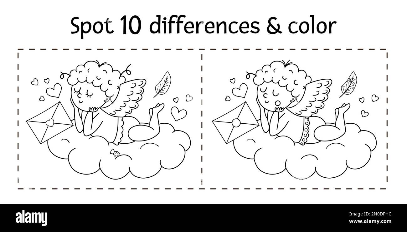 Saint valentine day find differences game for children holiday black and white educational activity and coloring page with funny cupid lying on the c stock vector image art