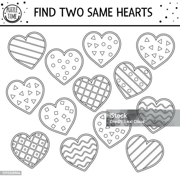 Find two same hearts holiday black and white matching activity for children funny educational saint valentine