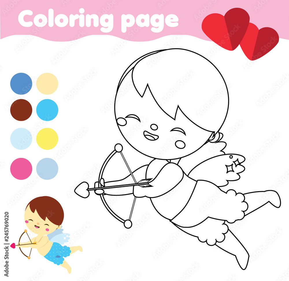 Coloring page with cute cupid with bow and arrow cartoon valentine angel st valentines day drawing game printable activity for children kids and toddlers vector