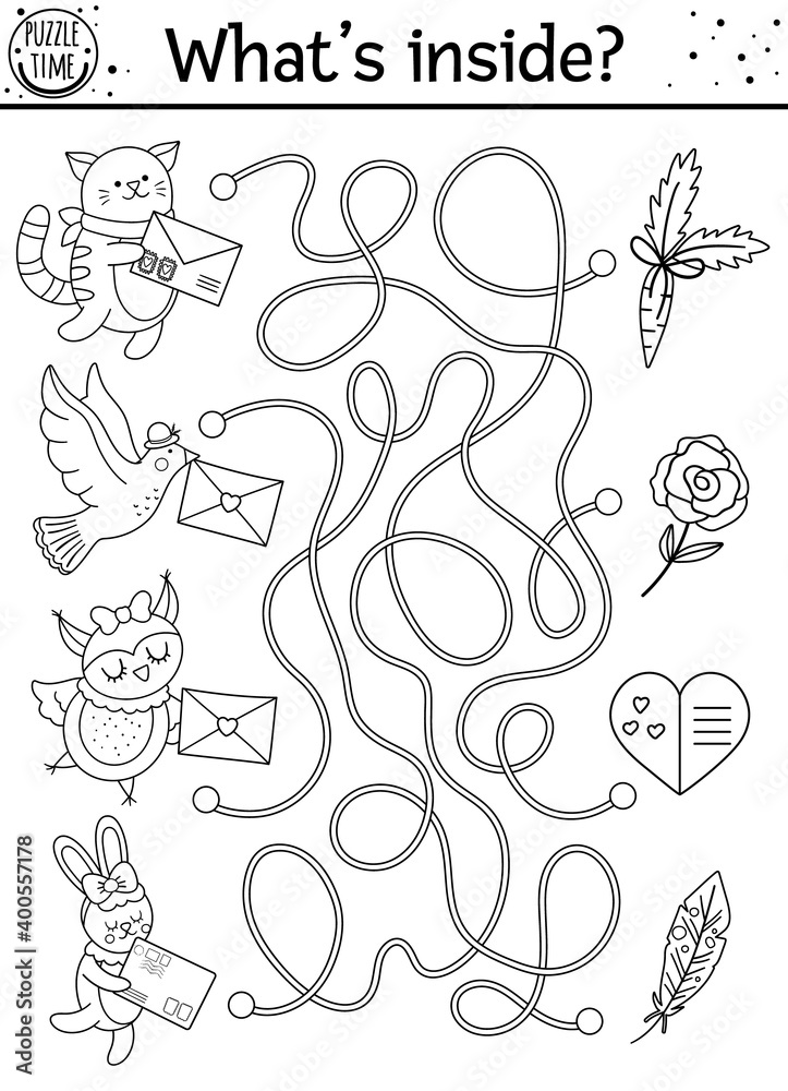 Saint valentine day black and white maze for children holiday preschool printable educational activity funny game with cute animals romantic puzzle or coloring page with love theme vector