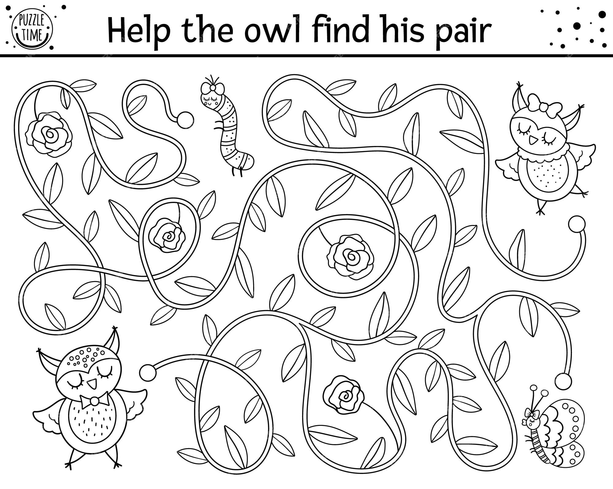 Premium vector saint valentine day black and white maze for children holiday preschool printable activity or coloring page funny game with birds romantic puzzle with love theme help the owl find