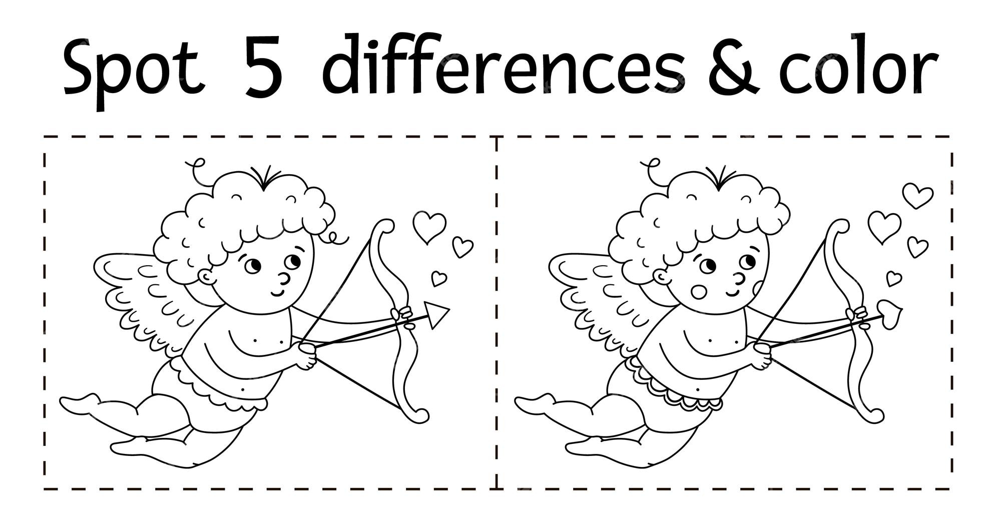 Premium vector saint valentine day find differences game for children holiday black and white educational activity and coloring page with funny cupid with bow and arrow printable worksheet with cute character