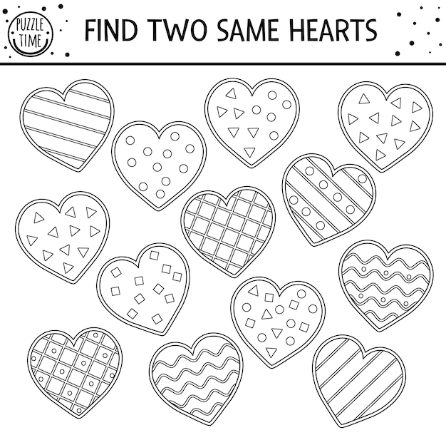 Premium vector find two same hearts holiday black and white matching activity for children funny educational saint valentine day logical quiz worksheet for kids simple printable game or coloring page