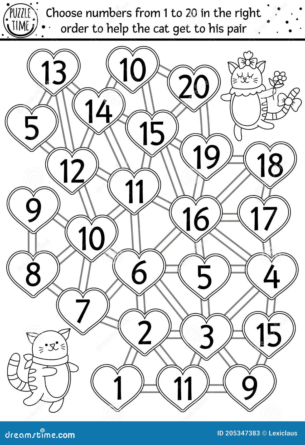 Saint valentine day black and white counting maze for children holiday preschool printable educational activity or coloring page stock vector