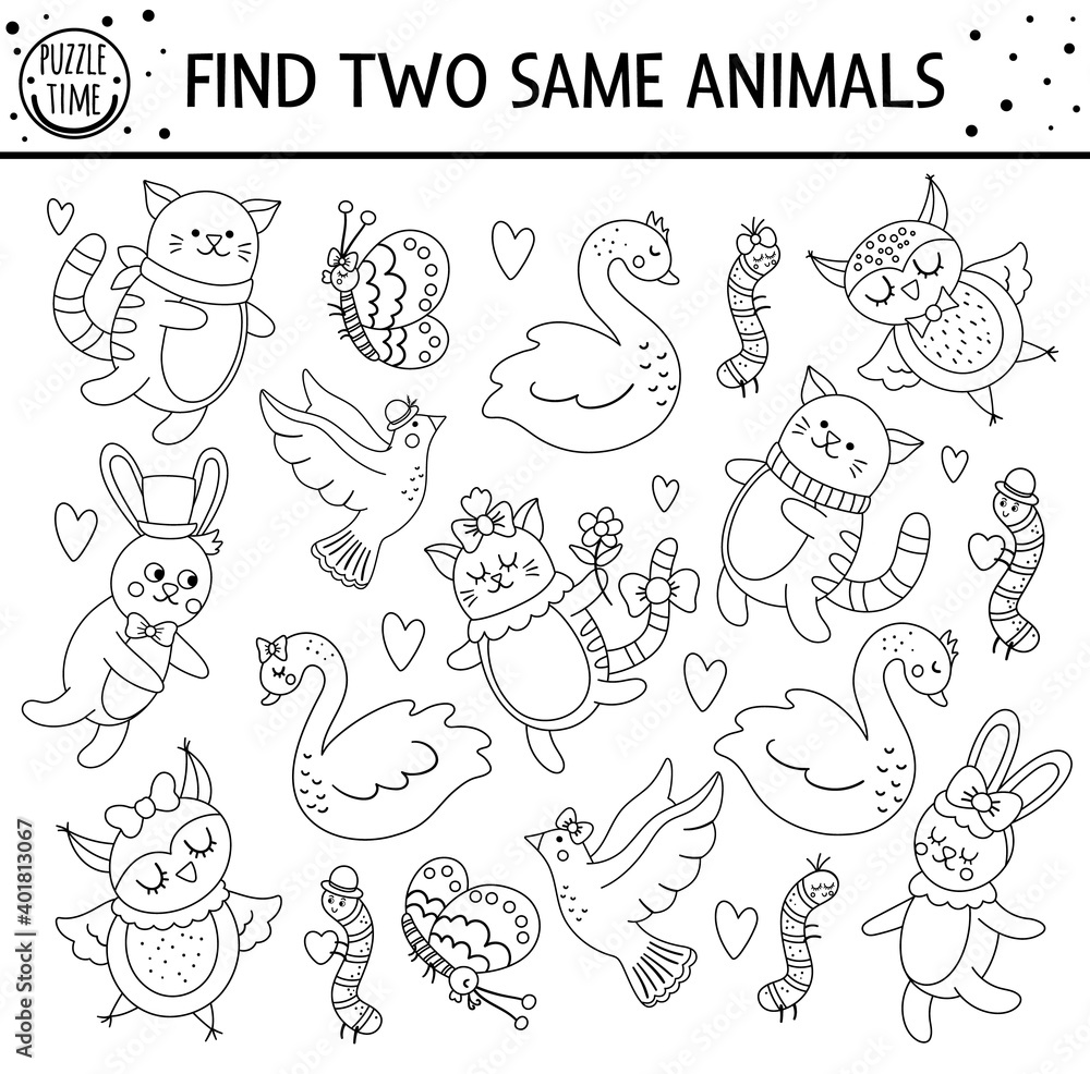 Vetor do find two same animals holiday black and white matching activity for children funny educational saint valentine day logical quiz worksheet for kids simple printable game or coloring page