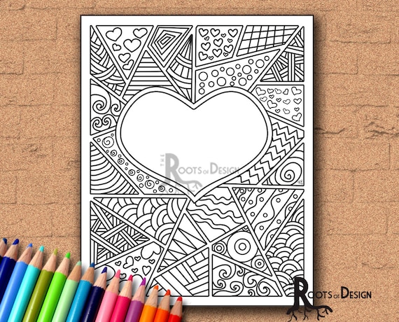 Instant download coloring page doodle heart stain glass style coloring print doodle art printable