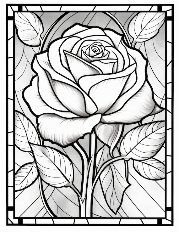 Digital stained glass flower coloring pages for adults designs instant download