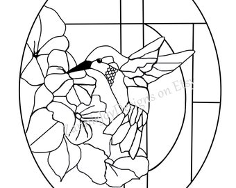 Stained glass hummingbird pattern instant download coloring page instant download hummingbird line drawing download now