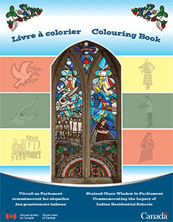 Colouring book stained glass window in parliament commemorating the legacy of indian residential schools