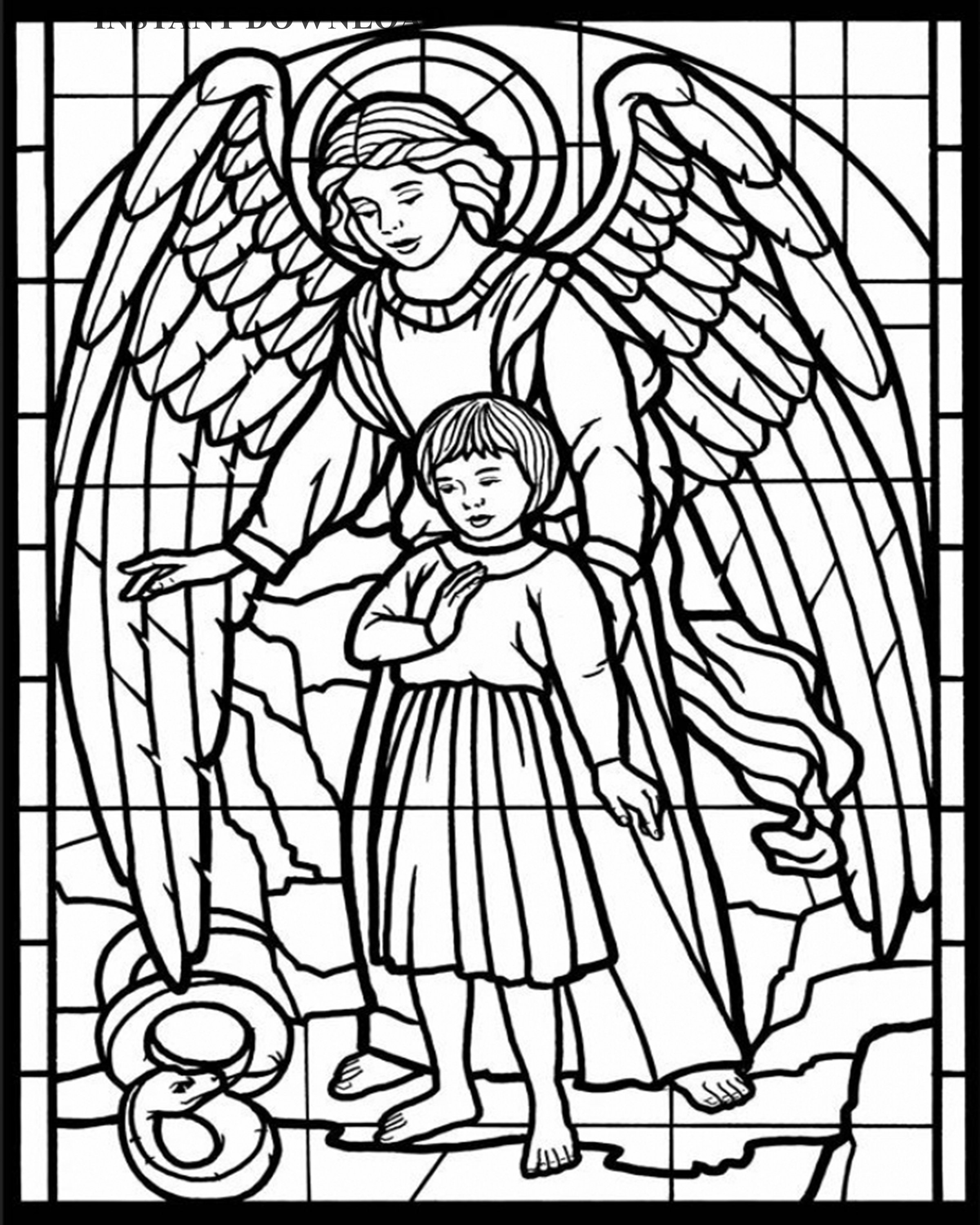 Printable angel and child stained glass coloring page digital download x sheet