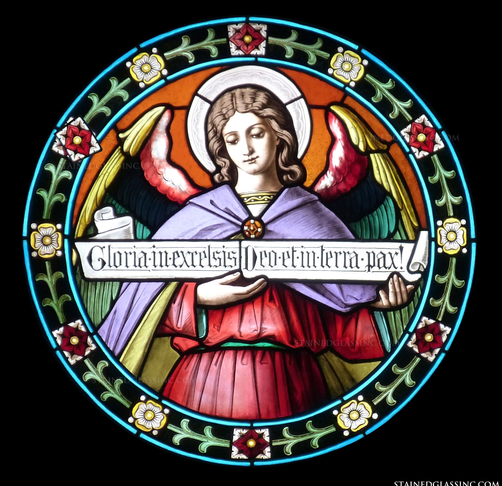 Angel and hymn religious stained glass window