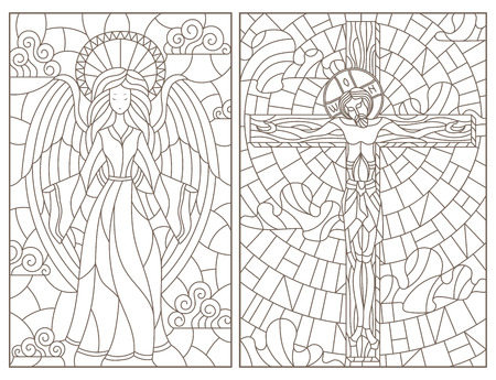 Set of contour illustrations of stained glass windows on religious theme jesus christ and angel dark contours on white background