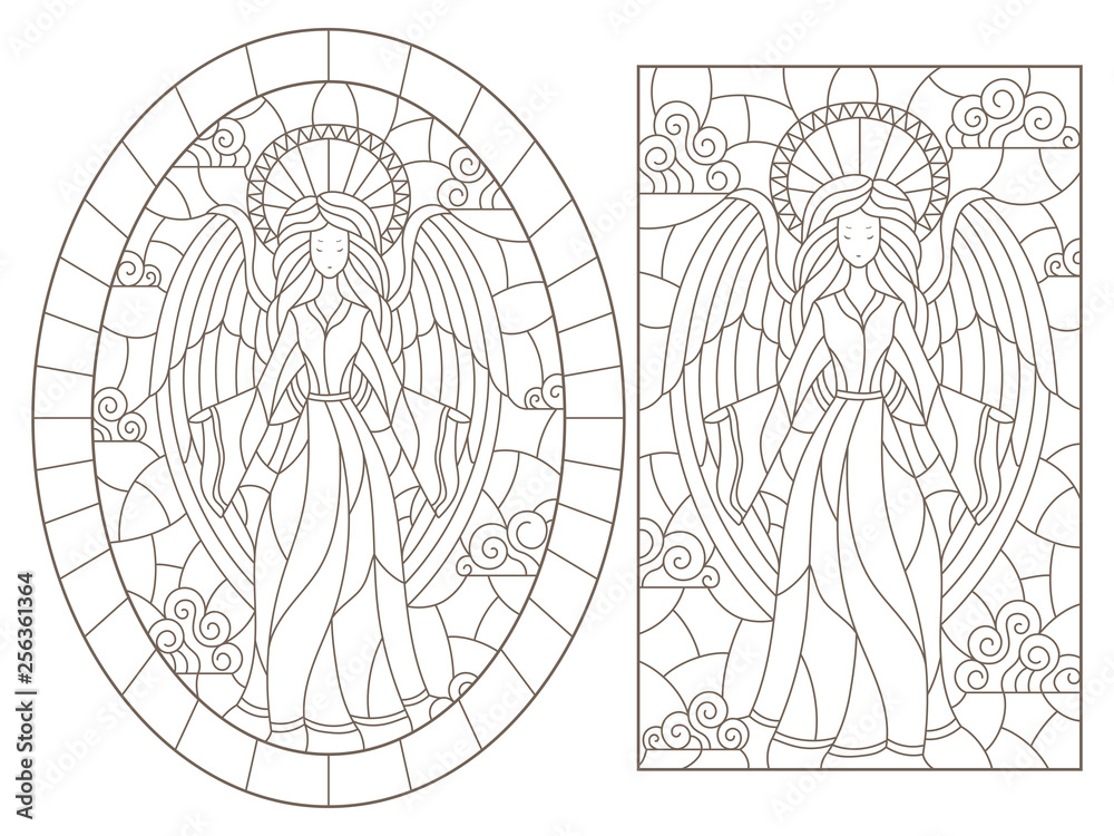 A set of contour illustrations of stained glass windows with angels on a cloudy sky background dark contours on a white background vector