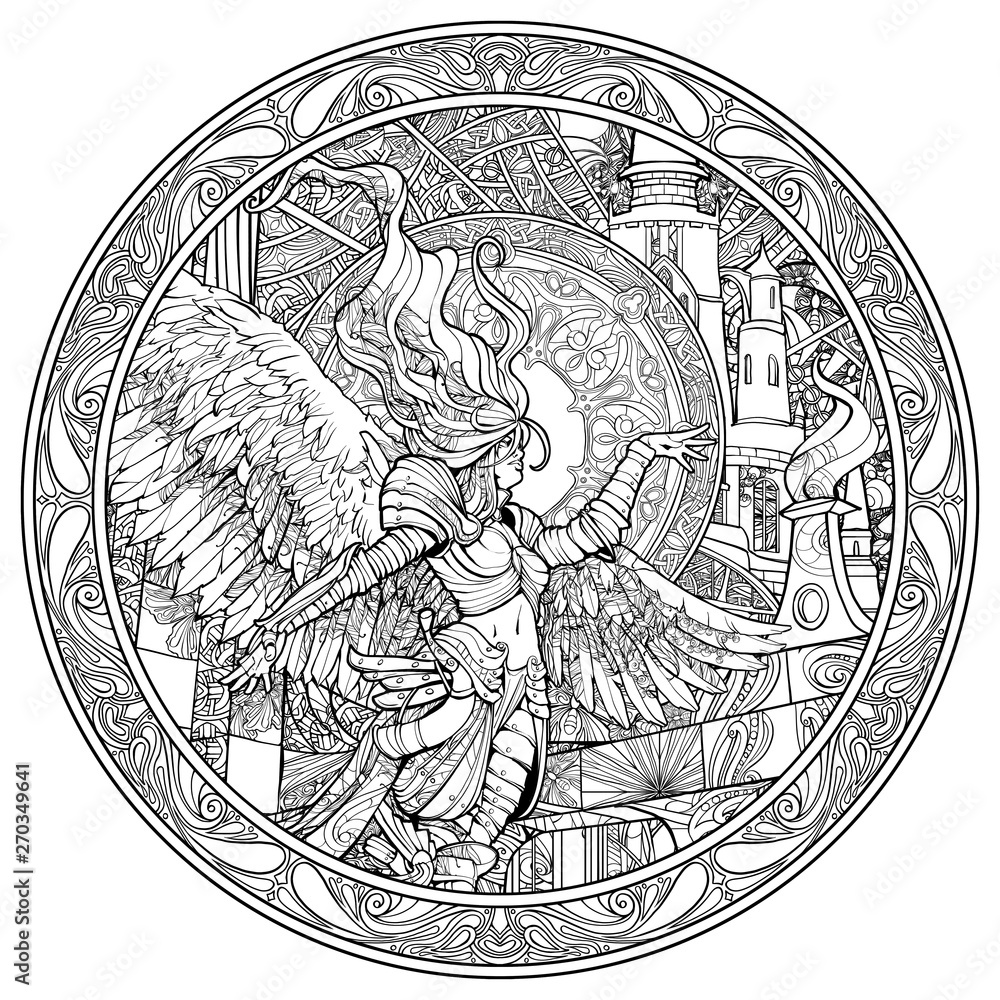 Coloring pages for adults beautiful angel woman in the ring patterns in the background of the castle painted with many small details illustration