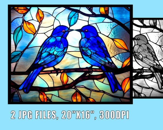 Two blue bird stained glass pattern print download digital art files x dpi birds tree stained glass art print coloring page