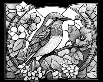 Colorful bird stained glass pattern print download digital art files x dpi birds and tree stained glass art print coloring page